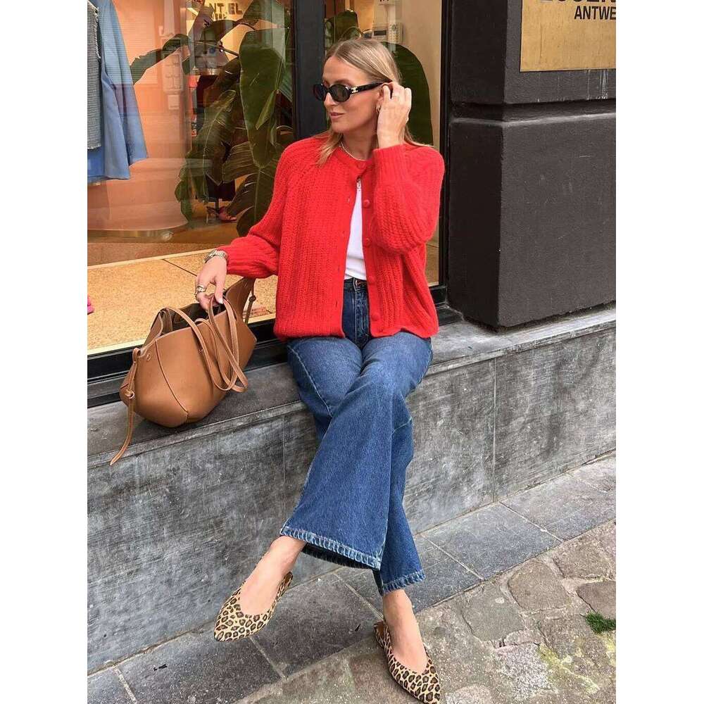 Women O-neck Single Breasted Cardigan Knitted Coat 2025 Autumn Winter Casual Long Sleeve Red Warm Sweater Tops Clothes Z260314