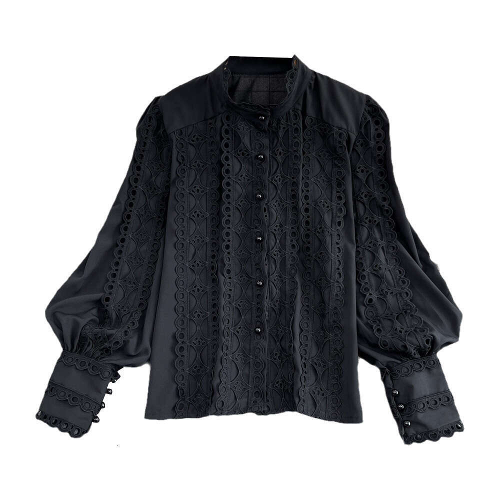 2026 Spring and Autumn Korean Style Elegant Stand up Collar Lace Crochet Hollow Loose Women's Long Sleeve Shirt