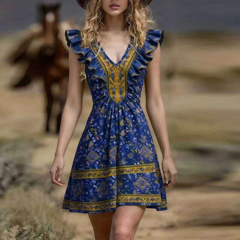 Ethnic Woman Clothes 2026 New Spring Elegant V Neck A-Line Party Dresses Summer Butterfly Sleeve Ruffle Print Mini Dress Vestido