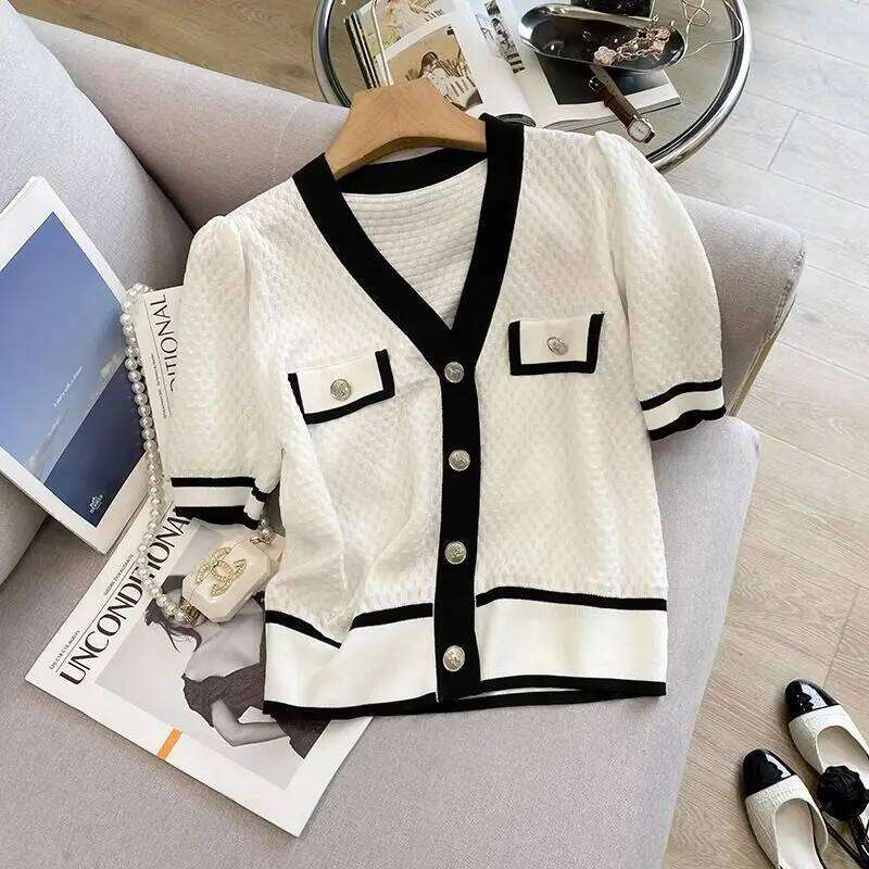 White Black Pink Knitted Cardigan Women Summer Knit T-shirt Short Sleeve Single-breasted Pocket Design Tops Chic Tees V-neck New Z260313