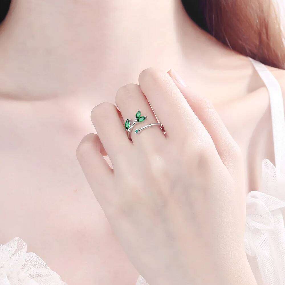 925 Sterling Silver Twig Green Leaf Rings For Women Couple Vintage Elegant Jewelry Ladies Accessorie H260312