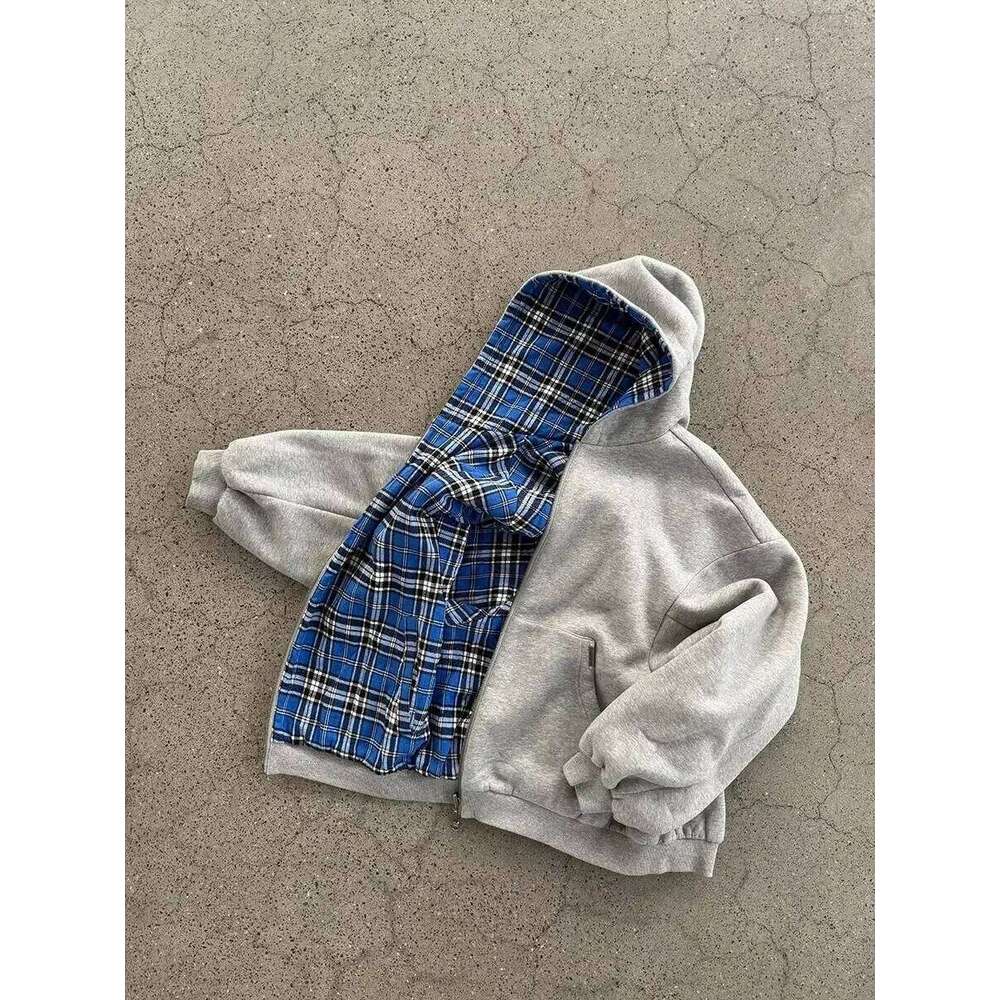 Korean Fashion Simple Gray Double Sided Oversize Zipper Hoodie Men Clothes Women Y2K Harajuku Goth Casual Top Couple Street Wear Z260315