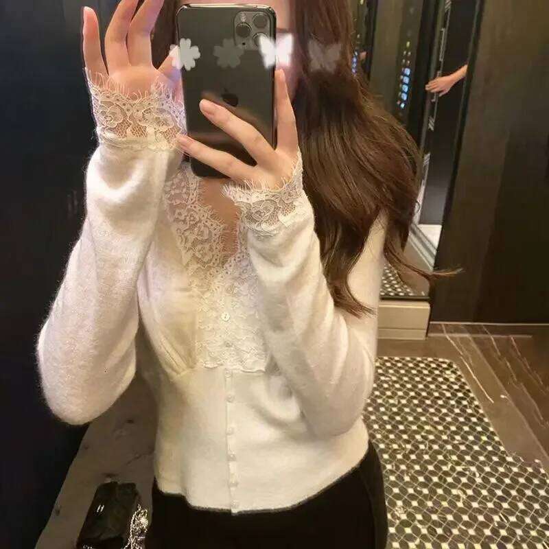 Cardigan Women Hotweet Tender Lace Inner Slim Y2k Sweater Casual Korean Style Girls V-neck Soft Autumn Long Sleeve Temper Chic Z260314