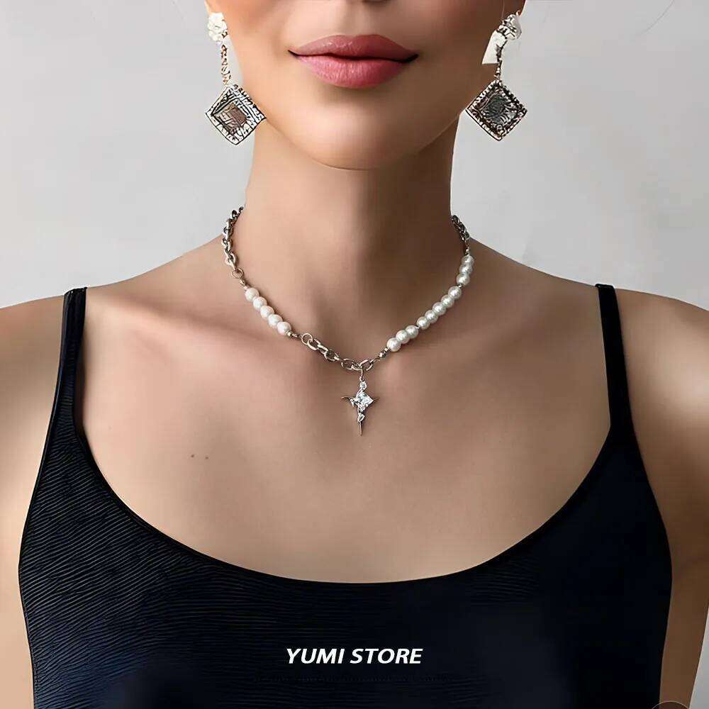 Hip Hop Imitation Pearl Cross Necklace For Men Women Trend Titanium Steel Collar Chain Kpop Pendant Jewelry Unisex Accessories H260312