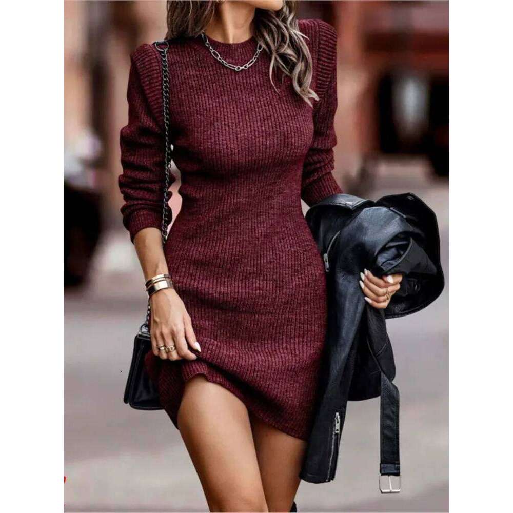 Round Neck Dress Solid Color Vestidos Knitted All-match Dresses 2025 Woman Long Sleeves Package Hip Slim Commuting Temperament Z260313