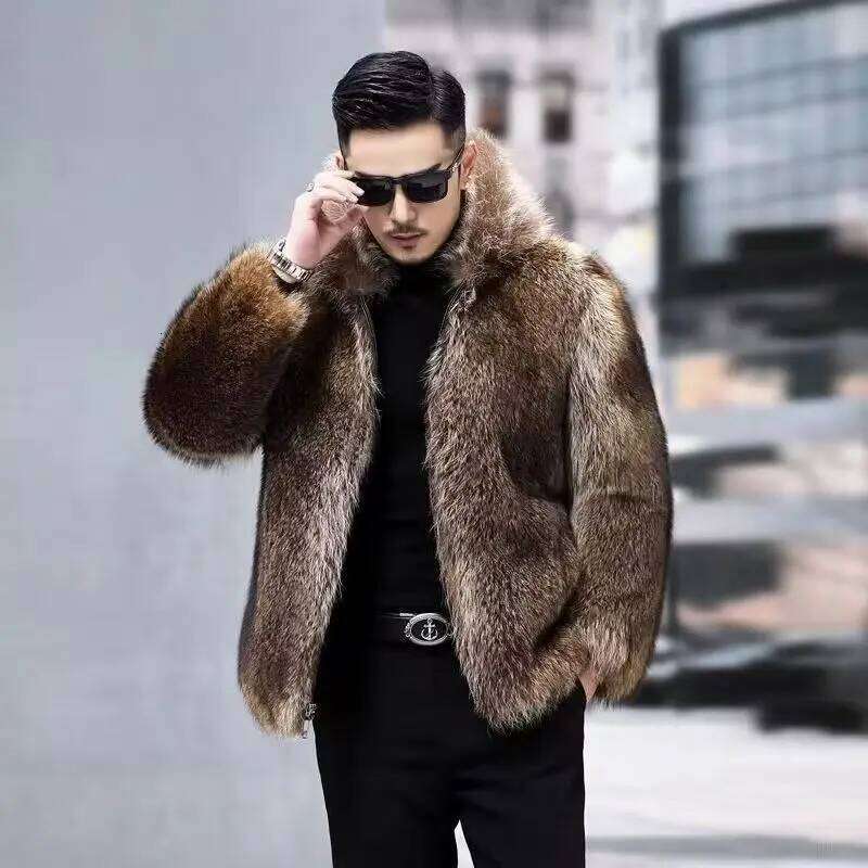 Men Autumn Winter Raccoon Light Luxury Hooded Fur Fashion Thickened Business Casual Coat Comfortable Warm Soft Z260313