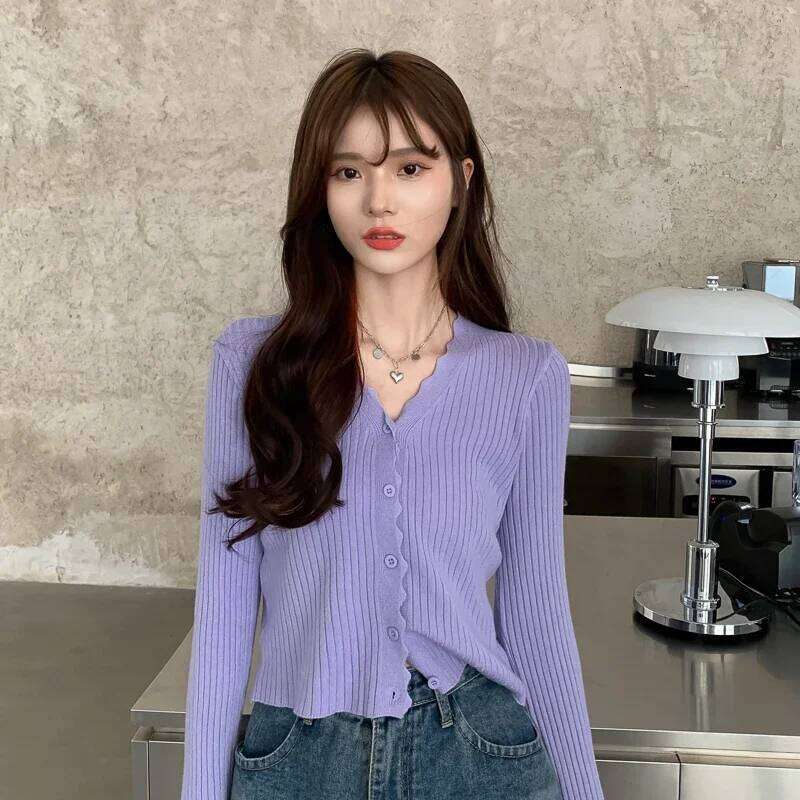 Women's Rib Knitted Crew Neck Cropped Cardigan Pastel Pink Purple Long Sleeve Fitted Short Sweater Jacket Fall Winter Y2K Outfit Z260313