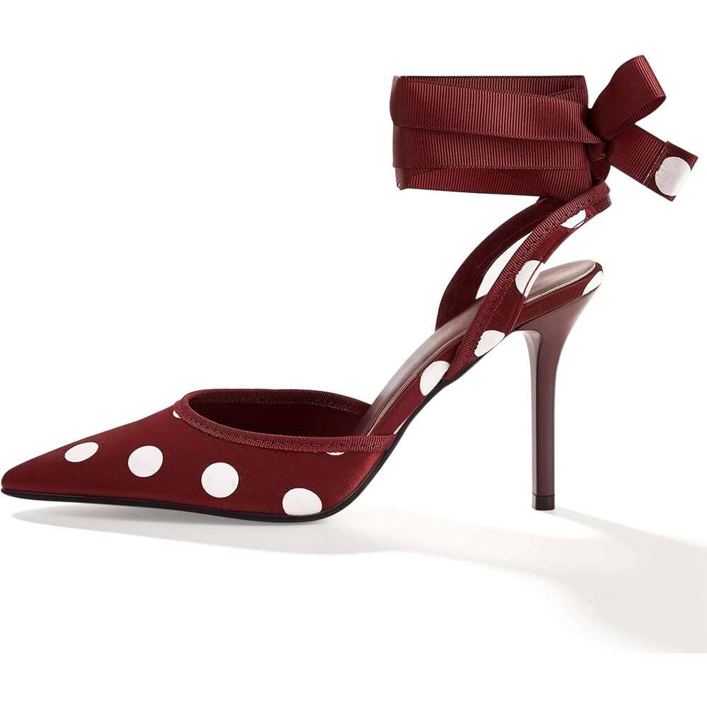 Polka Dot Heels For Women Pointed Toe Pumps Lace Up Satin Heeled Sandals Womens Stiletto Heel Shoes Evening Party Wedding MOJIDASHU