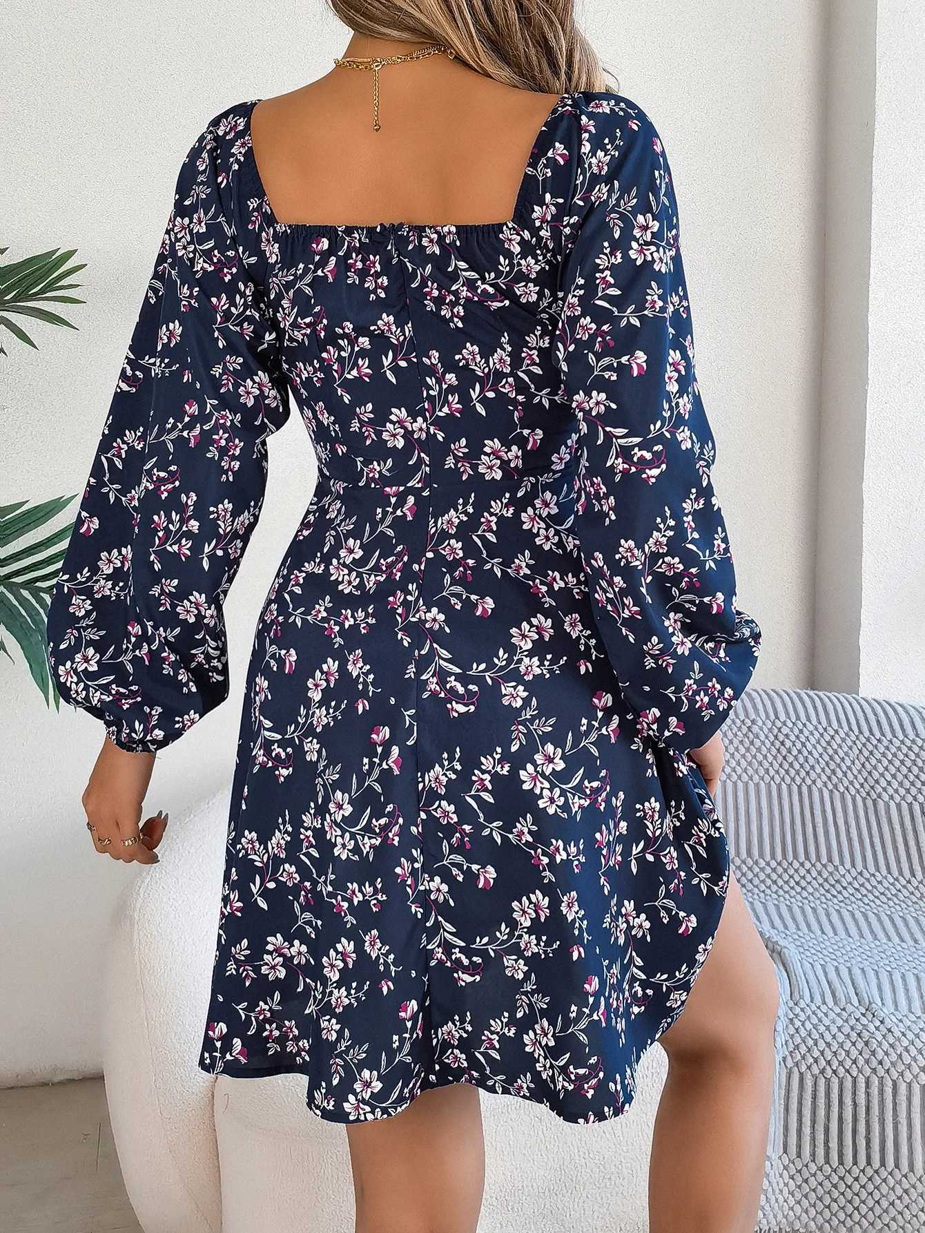 Womens Sexy Floral Square Neck Tie Front Dress - Long Sleeve A-Line Ruffle Hem Casual Spring Fall DressT260314