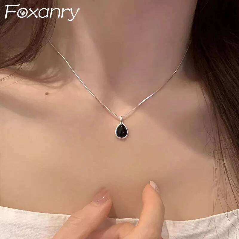 Foxanry Black Zircon Water Drop Snake Chain Necklaces For Women Couples Minimalist Classic Trendy Elegant Daily Accessories H260312
