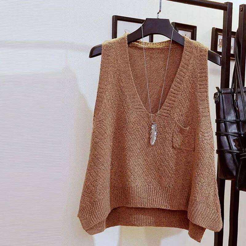Korean All-match V-Neck Solid Color Knitted Vest Autumn Winter Women's Clothing Fashionable Loose Sleeveless Sweaters for Female Z260313