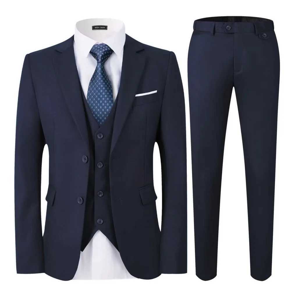 Elegant Solid Single-Button Slim Fit 3-Piece Mens Terno Blazer Vest Pants Ensemble for Formal Occasions M260313