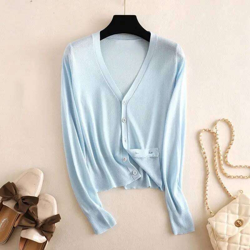 Women Clothing Fashion Knit Thin Long Sleeve Shirts Summer Casual Loose Solid V-neck Blouses Lady All-match Chic Sunscreen Tops Z260313