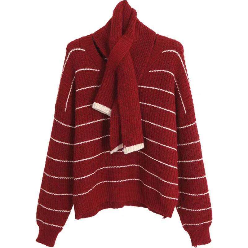 2025 Autumn Fashion Winter Pullover Stripe Sweater Warm Women Long Sleeve Scarf V-neck Elegant Loose Knitted Top Fall Knitwear Z260313