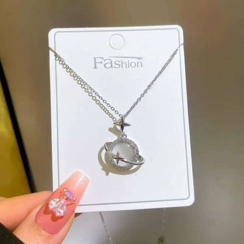 Planet Saturn Titanium Steel Necklace Women's Light Transparent Crystal Sweet Cool Clavicle Neck Chain Jewelry H260312