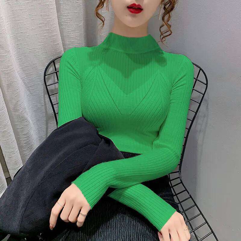 Women's Half Turtleneck Sweater Korean Style Carved Lace Mesh Hollow Inner Knitted Base Shirt Top Z260313