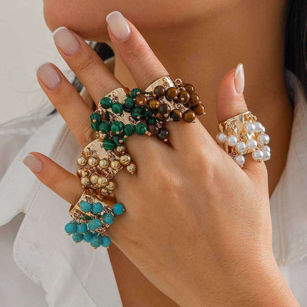 Salircon Trendy Imitation Pearl Stone CCB Small Ball Women's Man 2024 Vintage Street Punk Hip Hop Ring Female Jewelry H260312