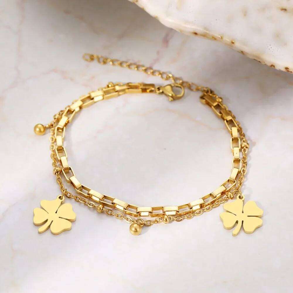 Charm Four Leaf Lucky Flower Double Layer Bracelet for Women Luxury Gold Color Stainless Steel Bangle Jewelry Gift Colorfast Z260313