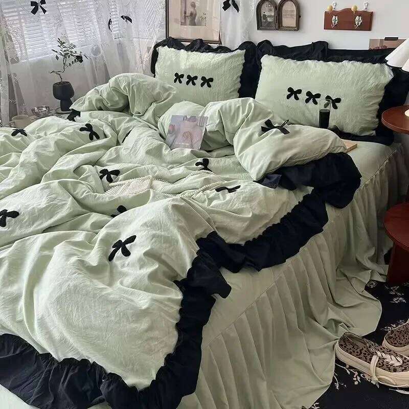Ins Girl Bow Lace Washed bedding Set Cotton duvet 4 piece pillowcase with bed line Bed Skirt comforter cover set H260312 - view 7