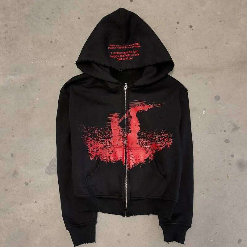 Hip Hop Gothic Retro High Street Baggy Zip Up Y2k Graphic Print American Zipper Hoodie Men's and Women's Sweatshirt 26Y0313