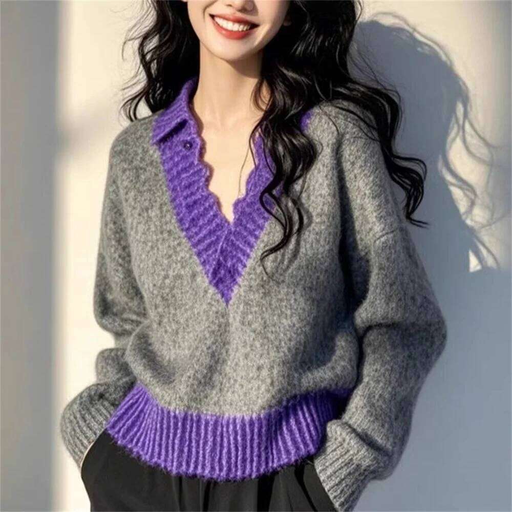 Women Knit Spring Autumn Clothing High Quality Elegant Beautiful Sweater Tops Purple Patchwork V-neck Loose Coat Z260313
