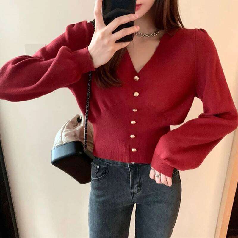 Elegant Women V Neck Knitted Sweater New Autumn Winter Long Sleeve Buttons Short Tops Ladies Pullover Casual Sweaters Clothes Z260313