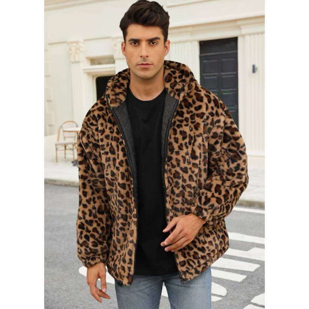 Europe and America Cross-border Men Jacket Faux Fur Colorful Leopard Print Coat Plush Keep Warm Thicken Temperament Trend Loose Z260313