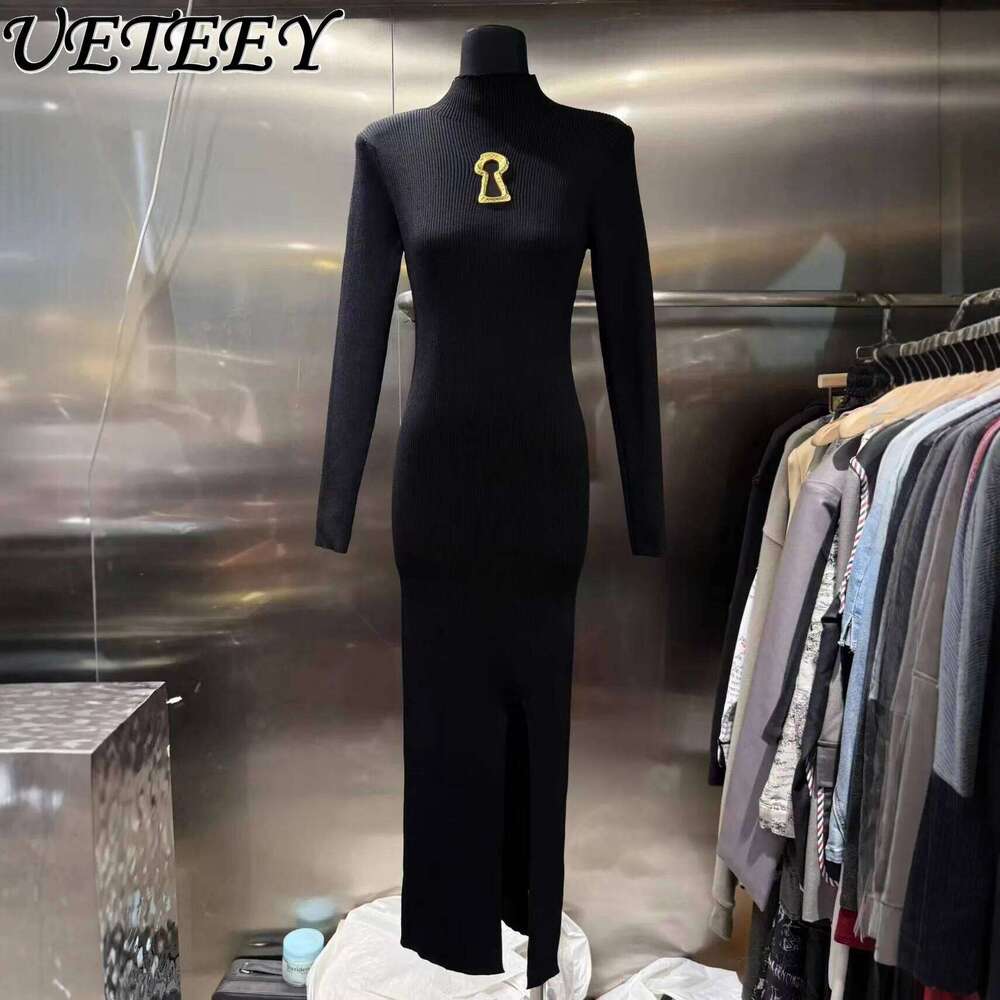 European Clothes Sleeve Waist-Cinching Knitted Long 2025 Autumn New Metal Decoration Black Sweater Dress Women Z260313