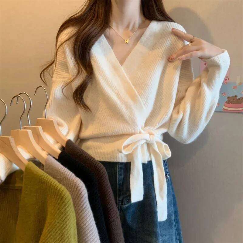 Cross Irregular Tie Up Waist Slimming Sweater Cardigan Women's Spring Autumn Winter Unique Loose Knitted Shirt Z260313