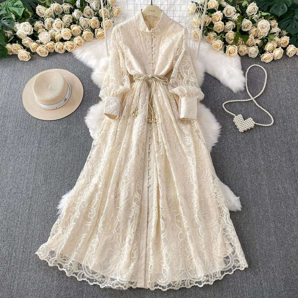 Women's French retro lace embroidered stand up collar lantern sleeve new single breasted waist cinching slim fit dress