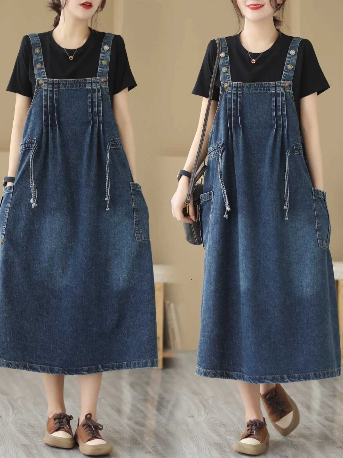 Retro Blue Denim ter Dr Womens Summer Dstring Waist Cinching Slimming Strap Dr Ele Lady Sle A-Line Midi DrT260314