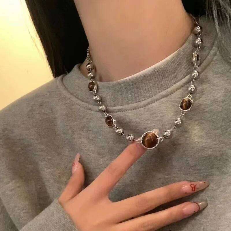 Fashion Brown Bead Vintage Beaded Necklace for Women Girls Clavicle Aesthetic Jewelry Sweater Chain Metal y2k Accessories H260312