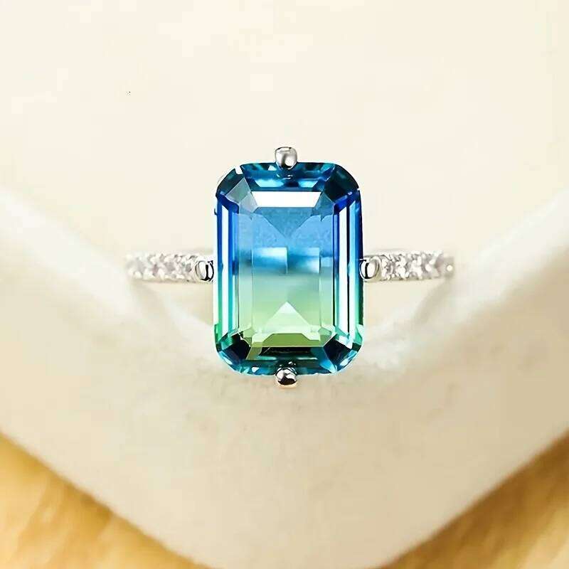 1pc Luxurious Set With Gradient Cubic Zirconia Stones, Change From Blue To Green, Engagement And Wedding Ring Gift H260312