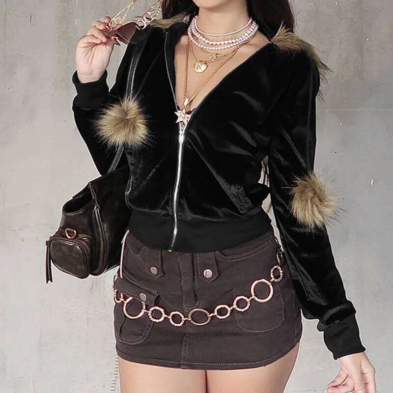 Goth Dark 90s Aesthetic Soft Velvet Zip Sweatshirt Hoodie Cyber Y2K Faux Collar Pocket Hooded Coats Women Slim Streetwear Gothic Z260314