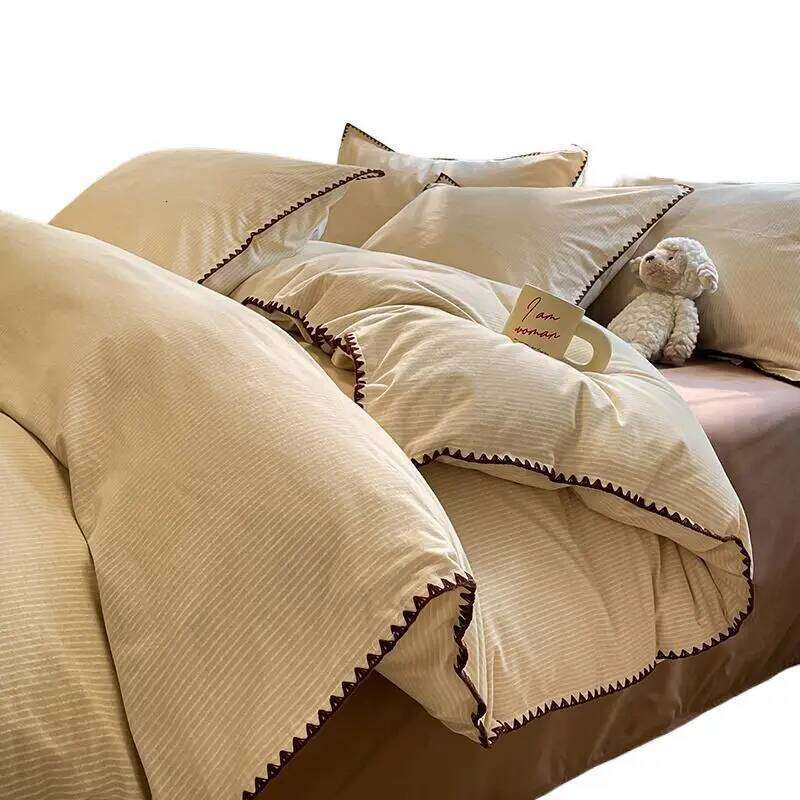 winter thickened four-piece set simple solid color striped shell edge naked sleeping grade sheets comfortable home textiles H260312 - view 6