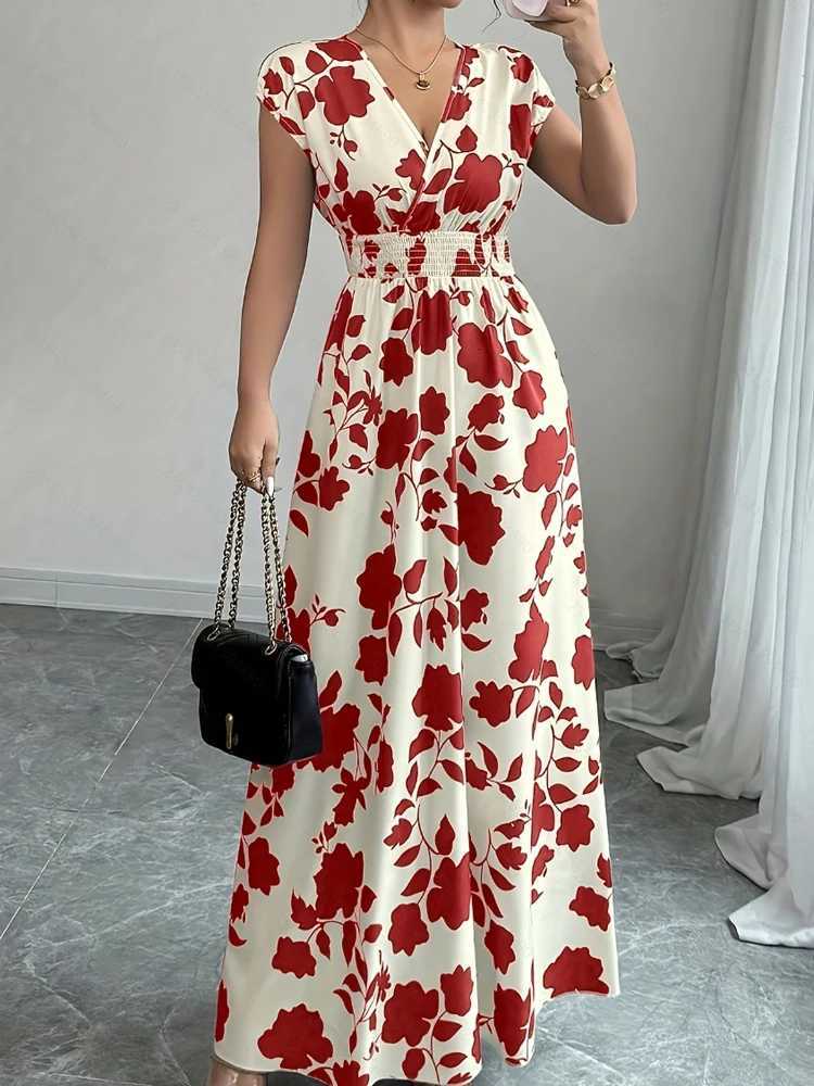 New Summer Womens Printed Lace-up Maxi DressShort Sleeved DressesCasual DressesFloral DressesElegant Dresses For LadiesT260316