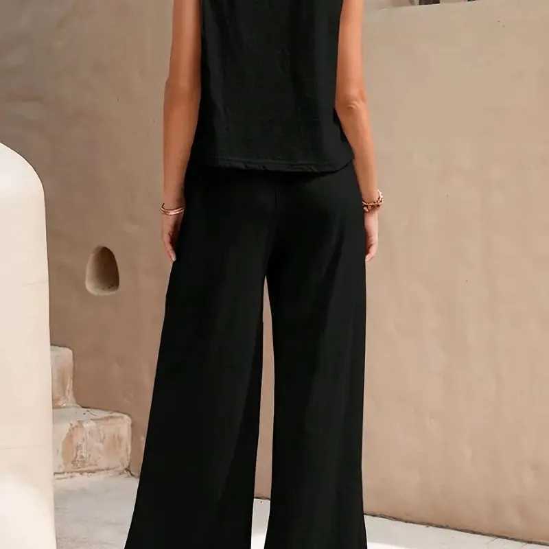 New Womens Sleeveless Vest And Trousers Two Piece Set Fashion Solid Color Two Piece Round Neck Top Pants Suit Casual Set M260313