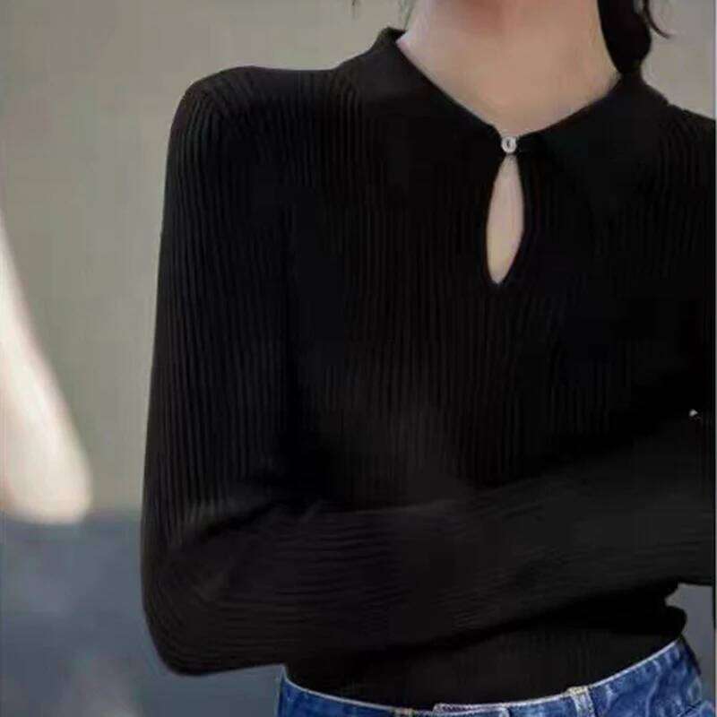 shintimes Knitted Button Pullovers Sweater Autumn Winter Women Long Sleeve Sweaters Slim Fit Black Basic Tops Pull Femme Z260314