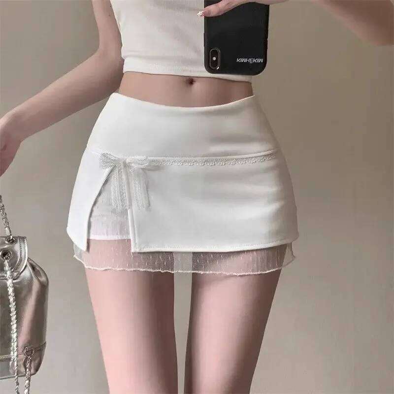 Mini Women Patchwork Lace Bow Hotsweet Summer A-Line Skirt with Safety Pants Fashion Side Slit Bodycon 2025 Lady Skirts Z260314