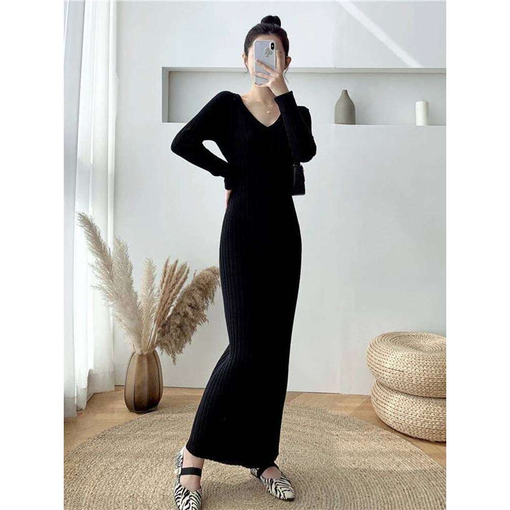 Zoki Elegant Solid Women Knitted Simple Korean Slim Long Sleeve Ankle Length Casual V Neck Office Ladies Chic Dress Z260314