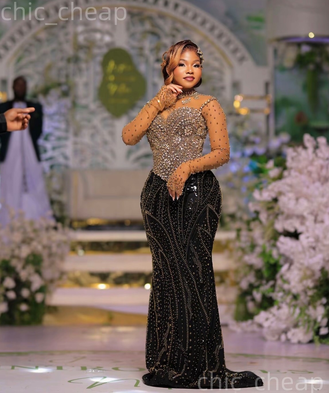 2K26 Gold Prom Dress 2026 Mermaid Prom Dress Sheer Neck Crystals Beaded Full Sleeves Evening Dresses Birthday Party Formal Receiption Gowns Dresses ZJ