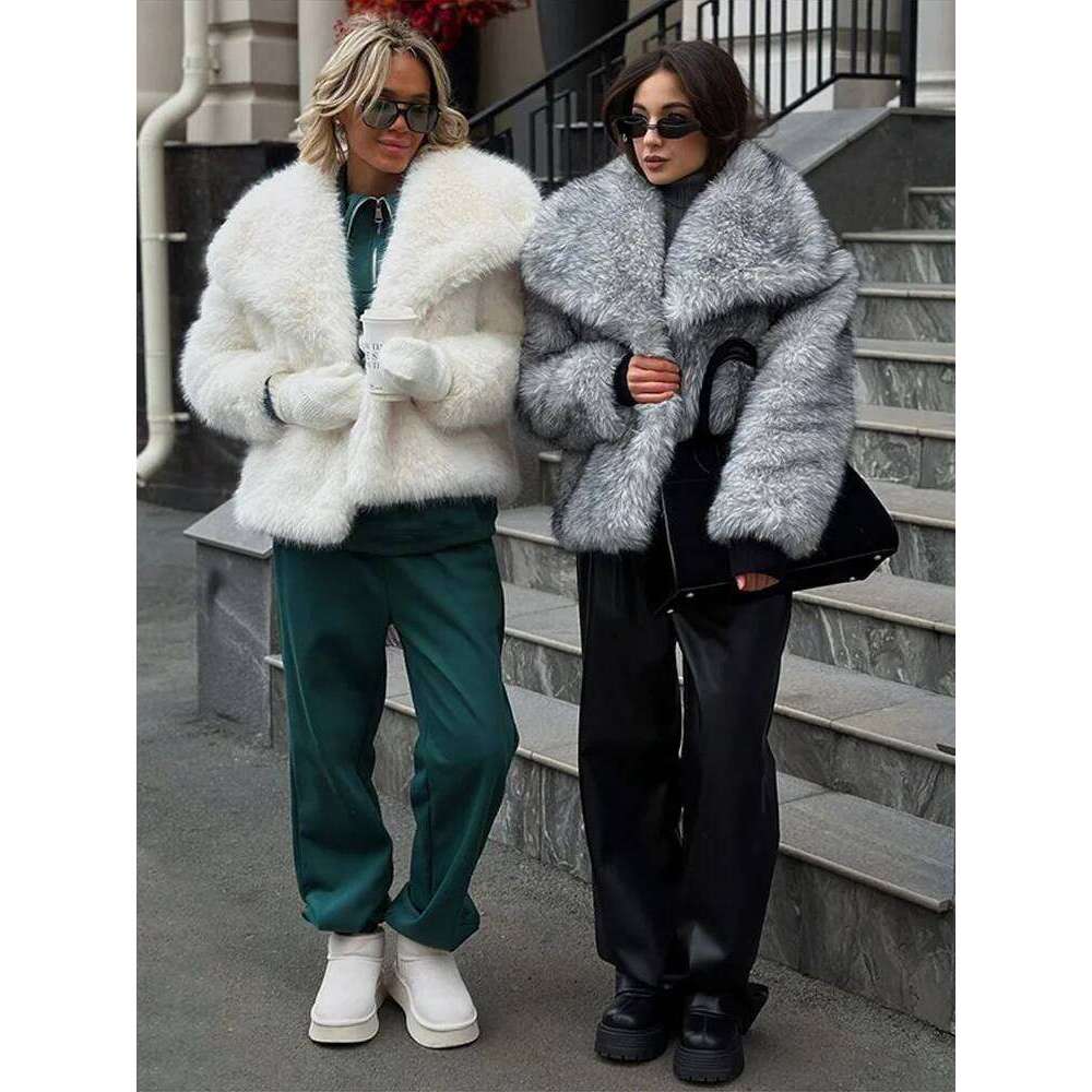 Faux Women's Turn-Down Collar Long Sleeve Elastic Cuff Plush Fluffy Female Coat Fashion Autumn Loose Fur For Ladies Z260313