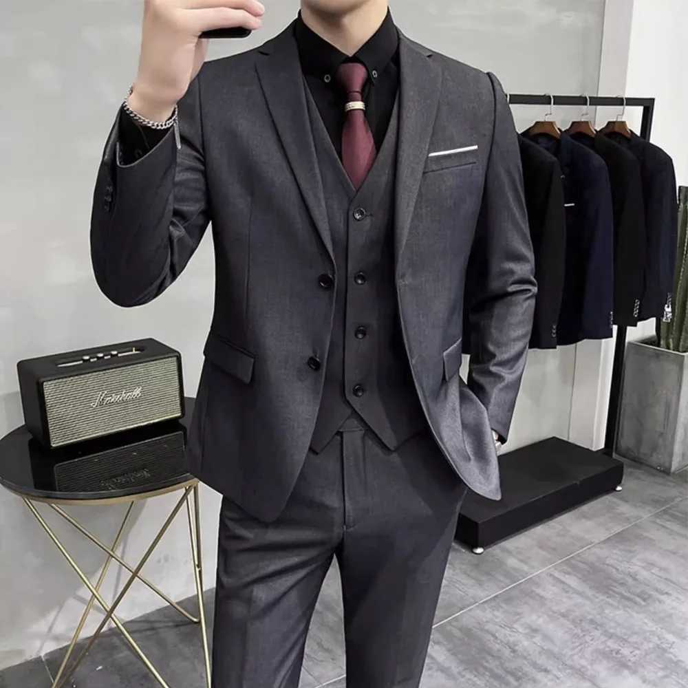 Mens Wedding Groomsmen Suit Set High-Quality Solid Color Casual Office Menswear Jacket Vest Pants M260313