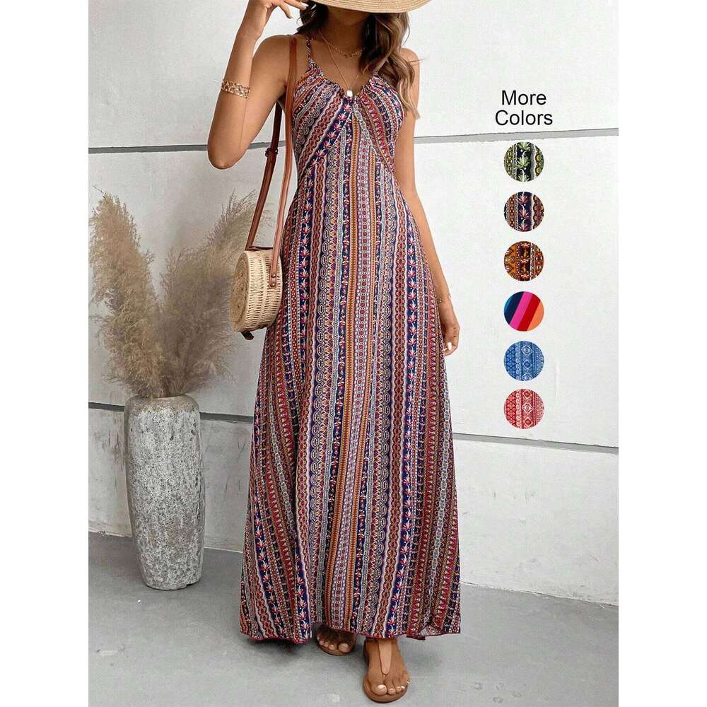 Women's Ethnic Pattern Backless Split Thigh Ladies Summer Clothes Boho Fashion Frill Trim Long Dress for Beach