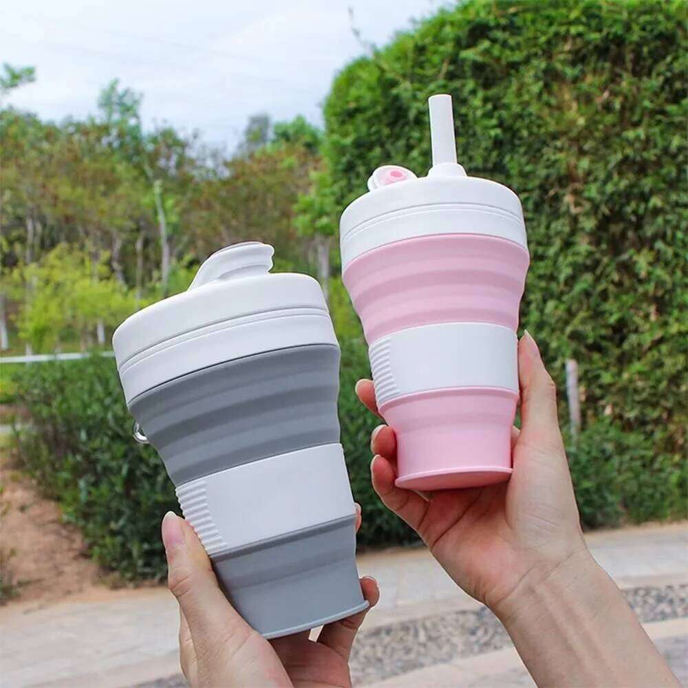 450ml/15oz Silicone Folding with Straw Lid and Carabiner Coffee Cup Suitable for Camping Picnic Travel Mountaineering Z260314