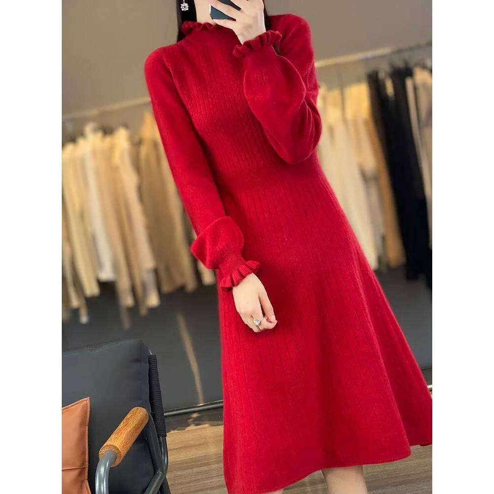 100% Merino Wool Women's Pullover Dress With Fungus Collar Autumn Winter Casual Fashion Knitted Cashmere Long Skirt Z260314