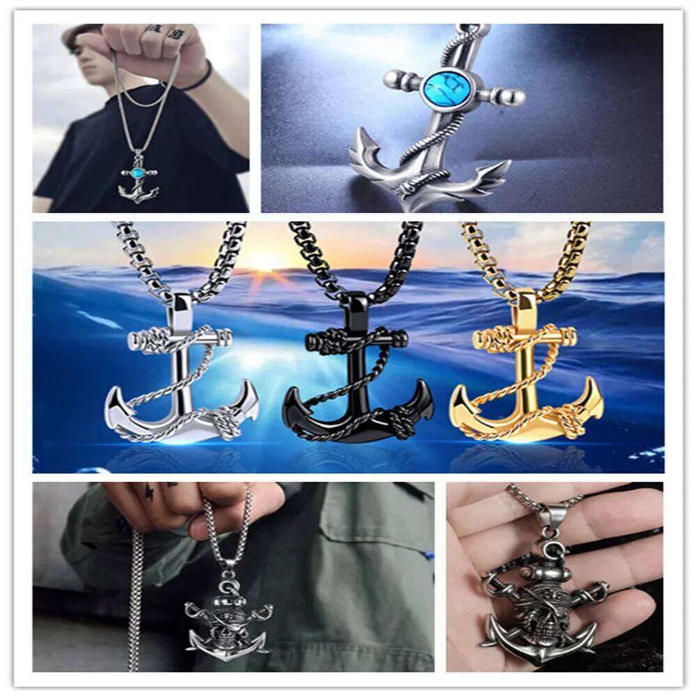 Wu's 2022 Double Sword Pirate Titanium Steel Retro Halloween Skull Ghost Head Anchor Necklace Imitation Turquoise Ancho H260312