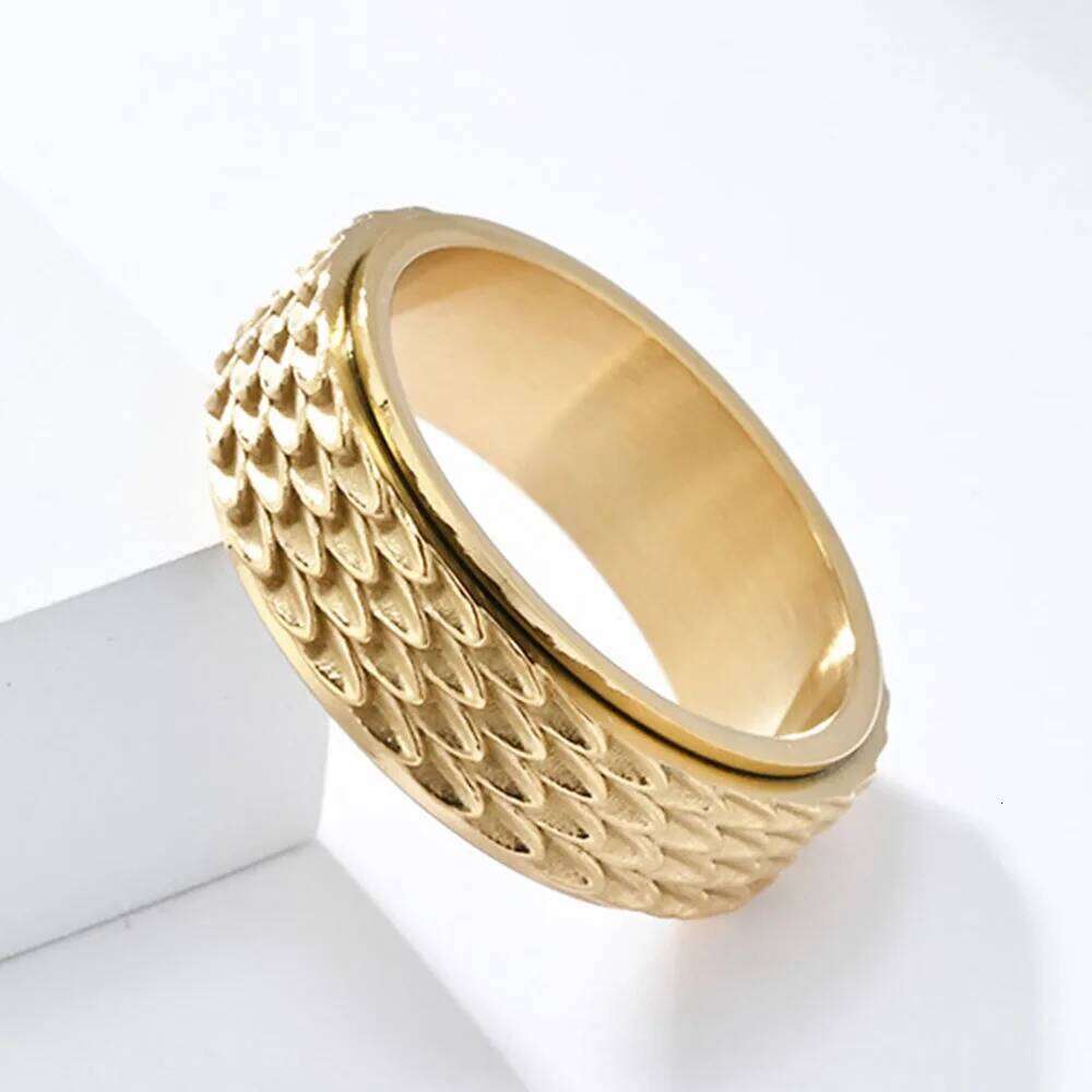 Retro Dragon Scale Rotatable Titanium Ring To Relieve Anxiety Angel Feather Stainless Steel Rings H260312