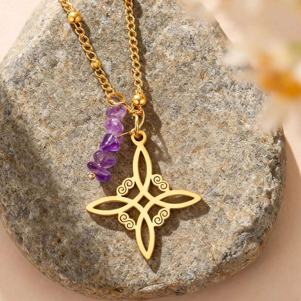 Dawapara Witches Spiritual Amethyst Protective Necklace Stainless Steel Celtics Knot Good Luck Amulet H260312