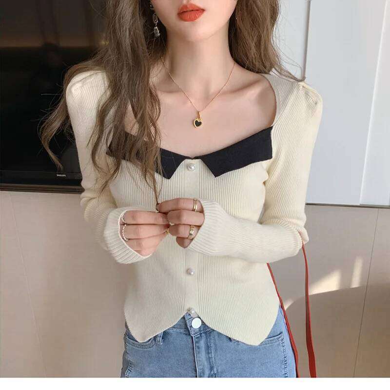 Fashion Elegant Color Block Knitwear Women Spring Autumn New Design Sweater Pullover Slim Fit Versatile Slimming Top Z260313